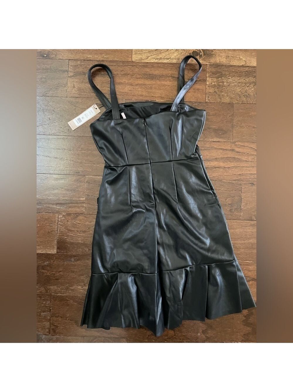BCBGENERATION-Women's Faux-Leather Flounce-Hem Mini Dress-XS-black Retail $128 - Picture 6 of 13